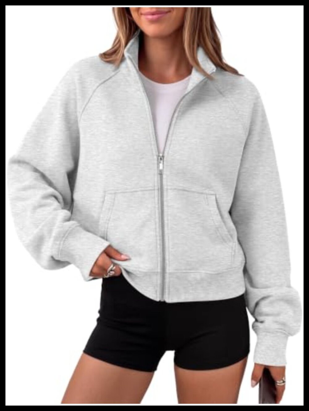 Womens Zip Up Cropped Hoodie Mock Neck Fleece Sweatshirt Y2K Casual